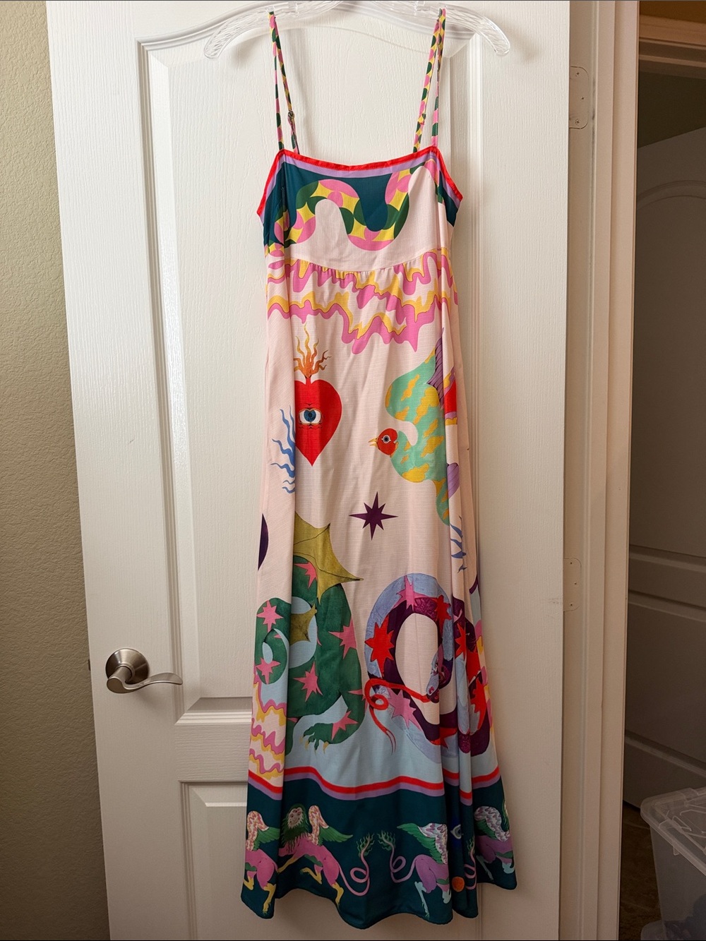 Colorful Graphic Maxi Slip Dress in Pink & Teal